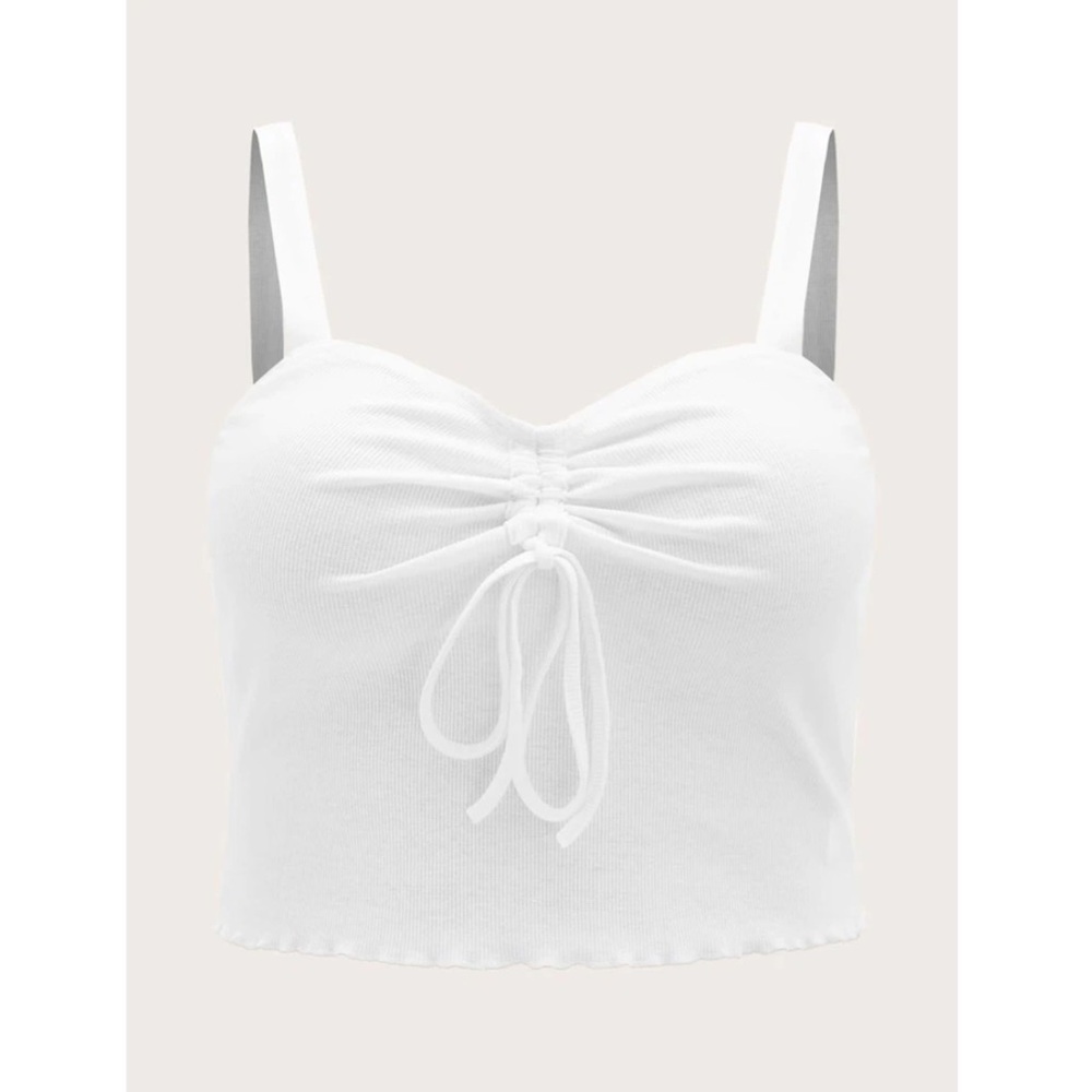 White Plus Drawstring Knot Front Lettuce Trim Top